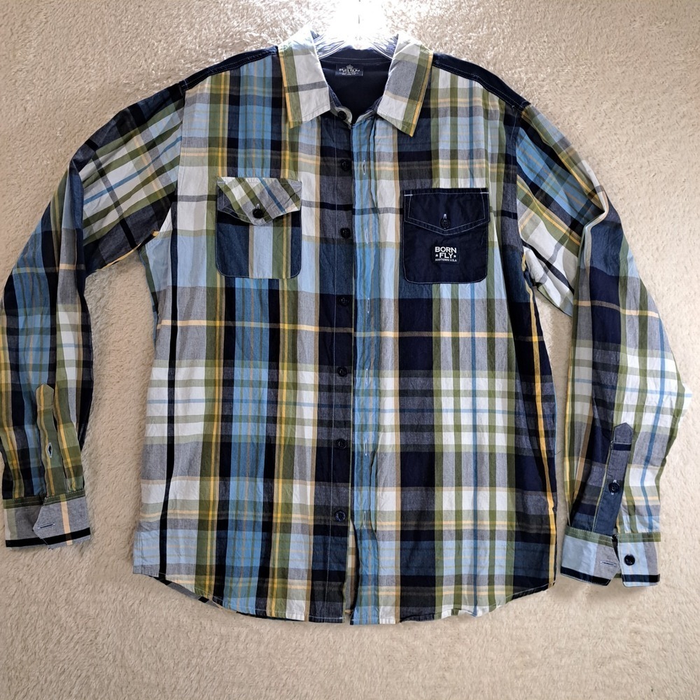 Born Fly Mens Lrg Button Up Shirt Yellow Blue Black Plaid Button Flap Pockets